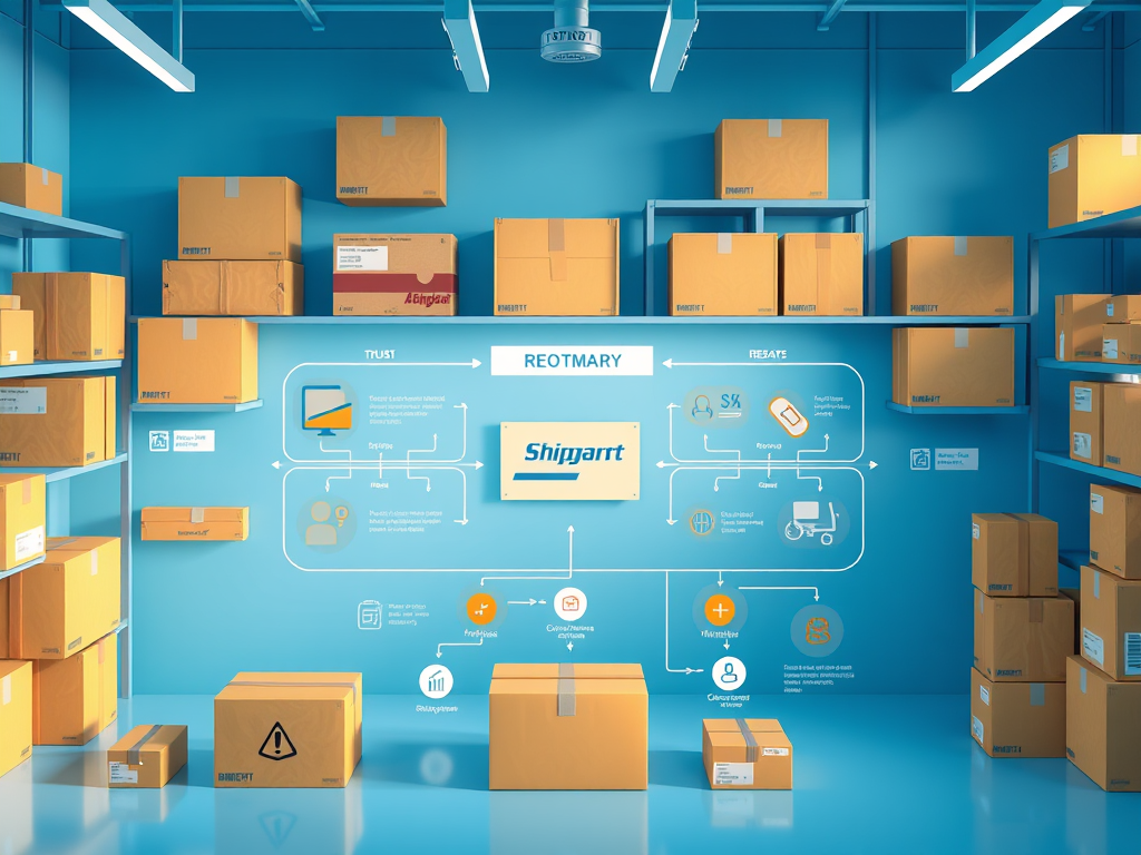 An informative visual representation of frequently asked questions about Shipmentsfree.com, highlighting key points on shipping fees, rebate limits, and customer service support, featuring elements like shipping boxes, rebate icons, and customer service tools.